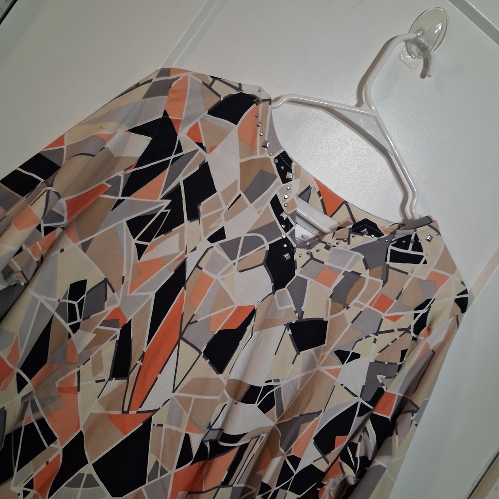 Alfred Dunner Top Womens XL Multi Geometric Studded V-Neck 3/4 Sleeve Blouse